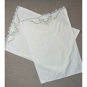 VTG Hand Embroidered Floral Pillowcases Set/2 White Cotton Crochet Trim Cottage